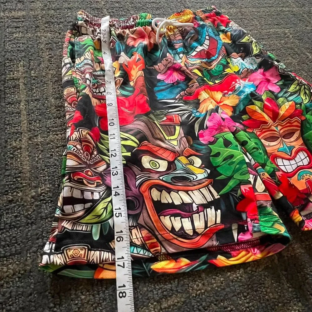 Mens Size S Hawaiian Tiki Torch Print Swim Trunks Drawstring Board Shorts